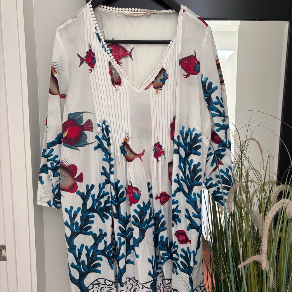 White Swim Cover-Up Kaftan with Blue Coral & Pink Fish Print
